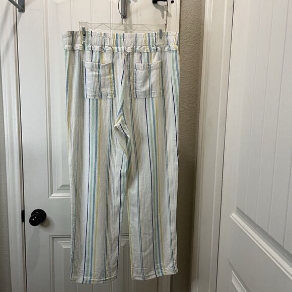 For Cynthia Striped White Teal Pull On Pants Linen Blend Womens Size PM Petite M - Picture 4 of 8